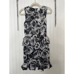 KATE YOUNG For Target Women's Peplum Dress Black Grey White Rose Print Size 2